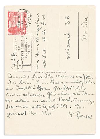 HESSE, HERMANN. Two notes, each Signed, HHesse, to aphorist Hans Margolius, in German: Autograph Note * Typed Note.